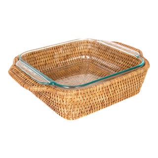 Artifacts Rattan Square Baker Basket with Pyrex in Honey Brown - 2 Pieces For Sale