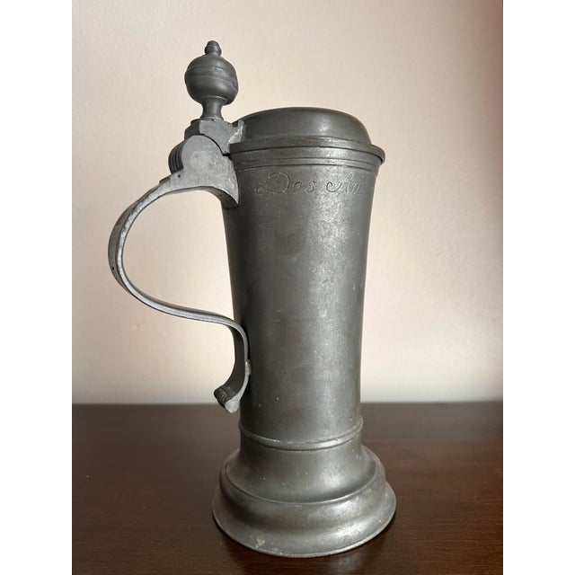 Rustic European Antique 18th Century German Pewter Hand Etched Lidded Beer Stein for a Tradesman Stamped 1799 For Sale - Image 3 of 12