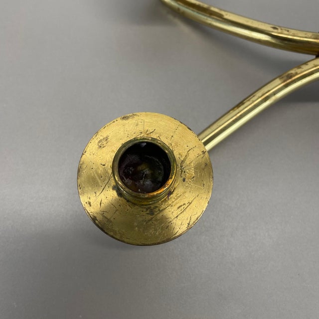 Gold Modern Brutalist Brass and Leather Candleholder in the style of Auböck, 1950s For Sale - Image 8 of 18