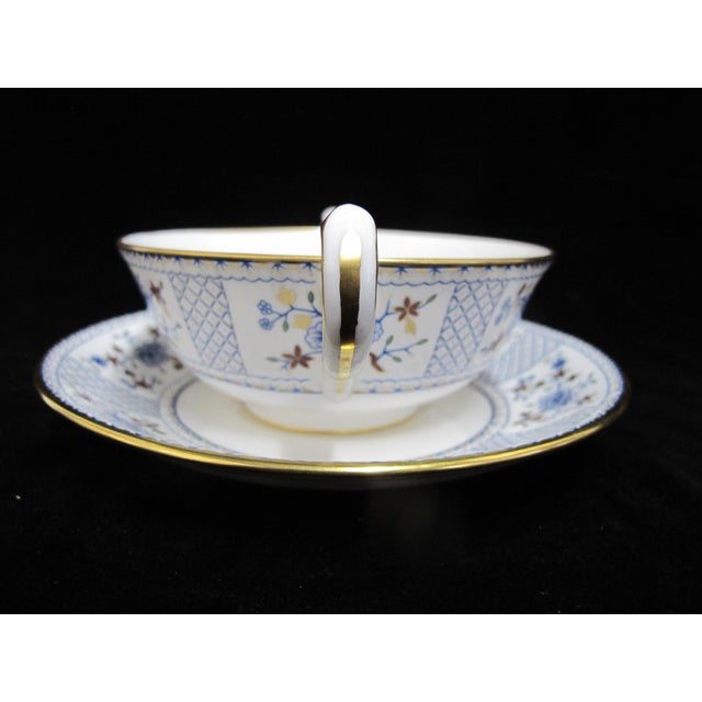 Royal Crown Derby English Bone China, A1277 footed soup or cream bowl with handles and saucer in lovely Mandarin Blue...