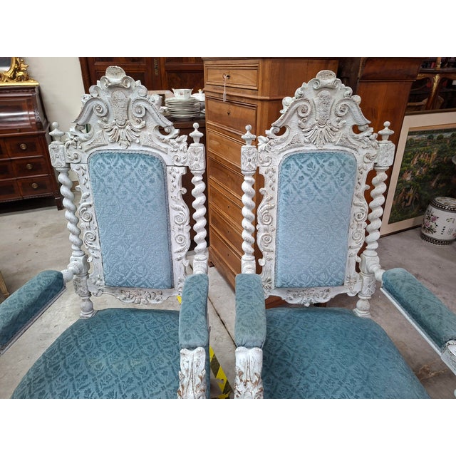 Renaissance Ceremonial Armchairs in Carved Wood Twisted Columns and Lion Heads, Set of 2 For Sale - Image 9 of 11