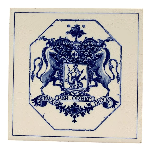 Dutch Delft Heraldic Tile in Blue and White For Sale