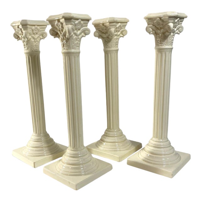 Set of Four English George III Corithian Column Creamware Candlesticks Late 18th Early 19th Century Staffordshire For Sale