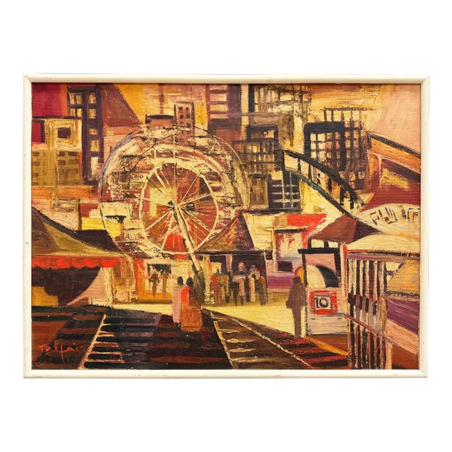 Mid-Century Modernism Abstract Cubist Urban Large Painting, Oil on Canvas For Sale