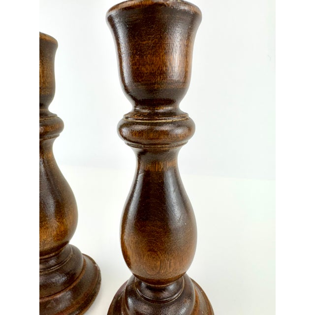 Vintage Mid Century Turned Walnut Wood Candlesticks - A Pair For Sale - Image 4 of 9