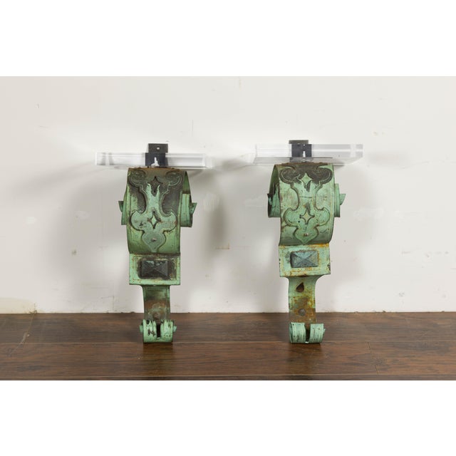 19th Century English Bronze Verdigris Wall Brackets with Lucite Tops, a Pair For Sale In Atlanta - Image 6 of 12