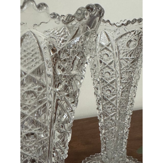 Pair of Vintage Clear Glass Trumpet Vases, Daisy & Button Pattern, Mid Century Pressed Glass Decor For Sale In Boston - Image 6 of 10