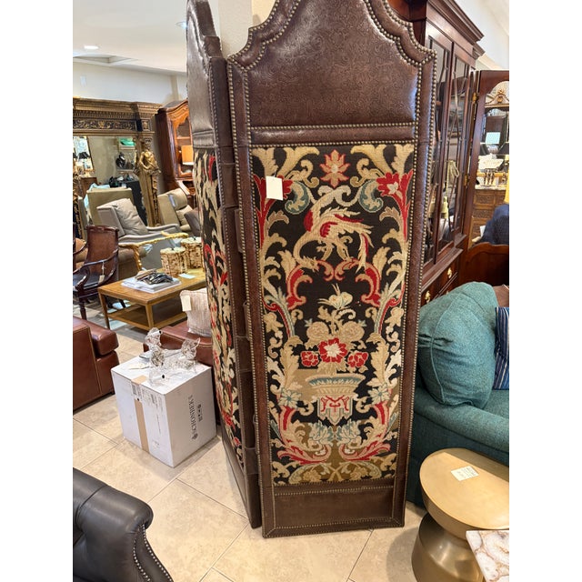 Embossed Leather and Needlepoint 2 panel screen with brass nail head. The back of the screen is Moss Green velvet with...