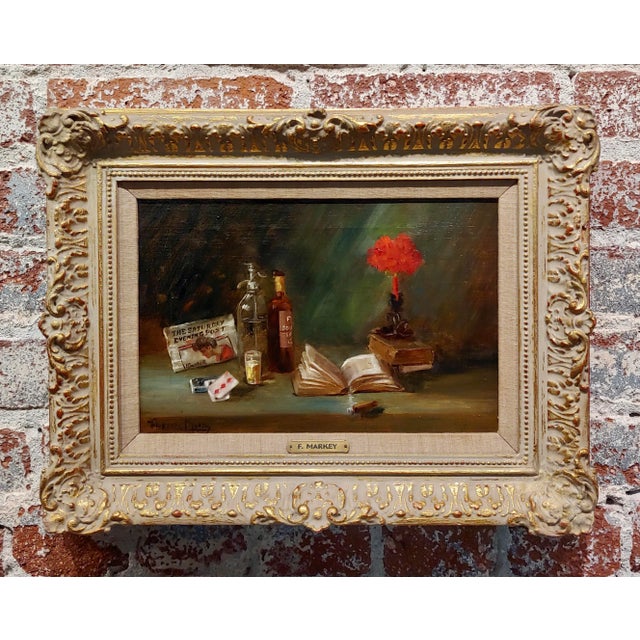 F. Markey-Still Life w/ Cigar,Newspaper,Bourbon & Soda-Oil painting Realism Oil painting on canvas signed -circa 1920/30s...