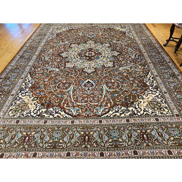 Textile Vintage Persian Tabriz Rug, Hand-Knotted Wool, Mythical Firebird Motif, Brown & Ivory, 10x13 For Sale - Image 7 of 15