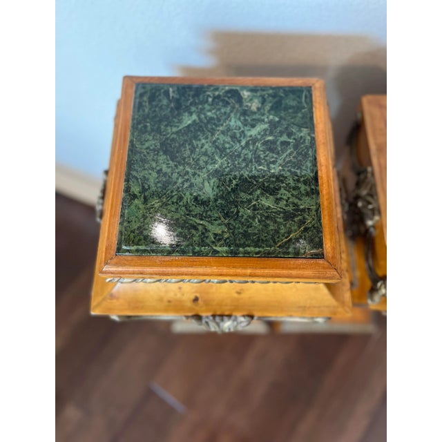 French Regency Style Pair of Burlwood Pedestal With Marble Top and Lion Head Brass Detail For Sale - Image 10 of 13