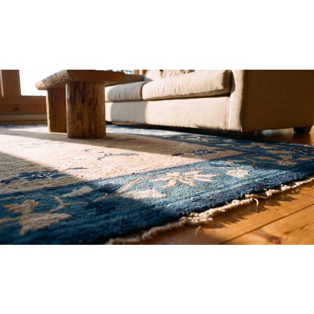 Textile Splendid Beige and Blue Color With Unique Floral Design Antique Chinese Peking Rug For Sale - Image 7 of 9