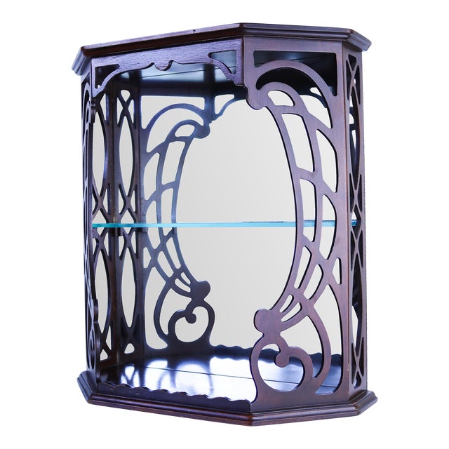 Vintage Art Nouveau Wall Display Cabinet With Mirrored Back and Glass Shelf For Sale