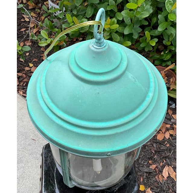 Vintage Solid Brass Bell Lantern With Verdigris Patina – Two-Lights Pendant For Sale - Image 10 of 13