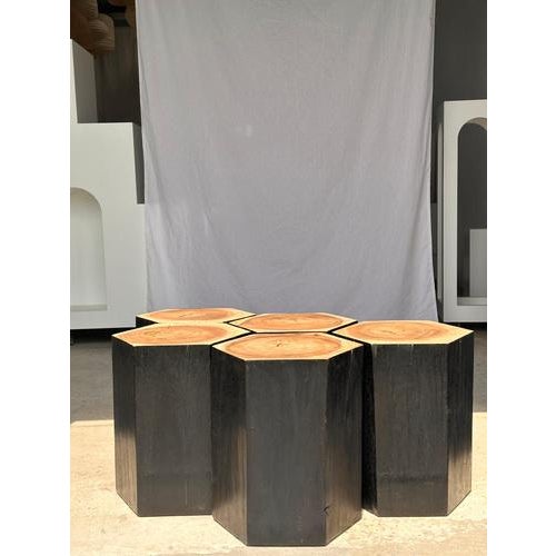 Hexagonal Stools in Two-Tone Suar, Set of 5 For Sale - Image 14 of 18