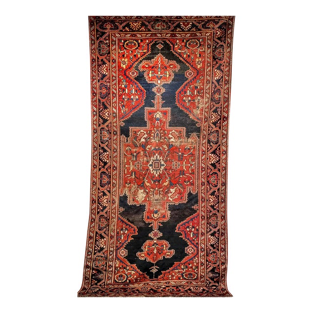 19th Century Persian Farahan Gallery Rug, Hand-Knotted Wool, Geometric Pattern, Red & Navy, 5x10 For Sale