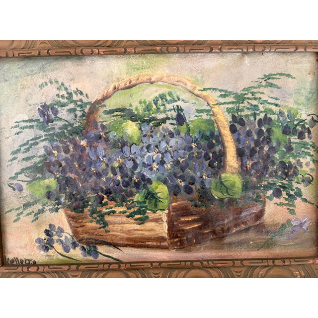 Vintage Still Life Oil Painting - Basket of Violets & Fruit, Carved Wood Frame For Sale In San Francisco - Image 6 of 6
