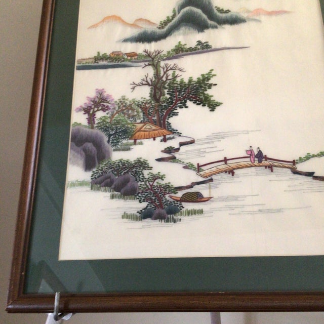Green 1970 Asian Silk Embroidery Landscape River Scene For Sale - Image 8 of 12