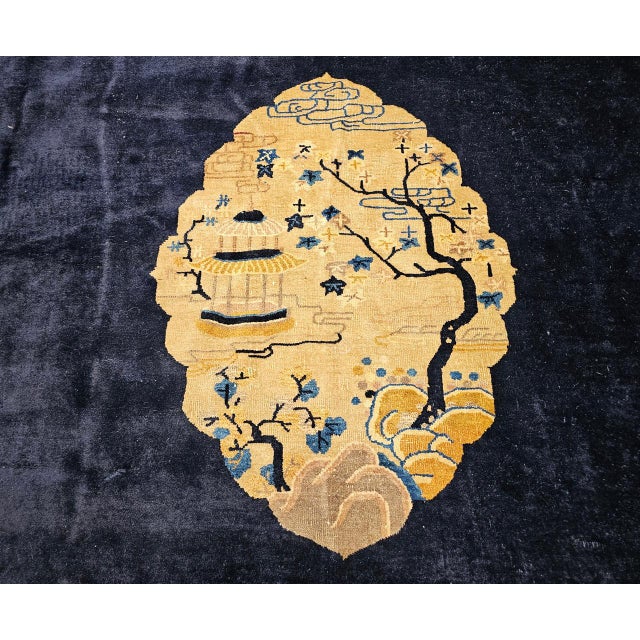 Antique Art Deco Chinese Oversized Rug, Handwoven Wool, Cranes & Butterflies Design, Navy & Tan, 14' X 19' For Sale - Image 16 of 17