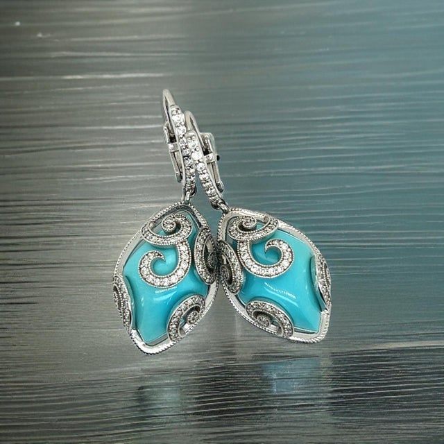 Persian Turquoise Diamond Pendant Earrings 14k WG 26.85 TCW Certified For Sale - Image 10 of 15