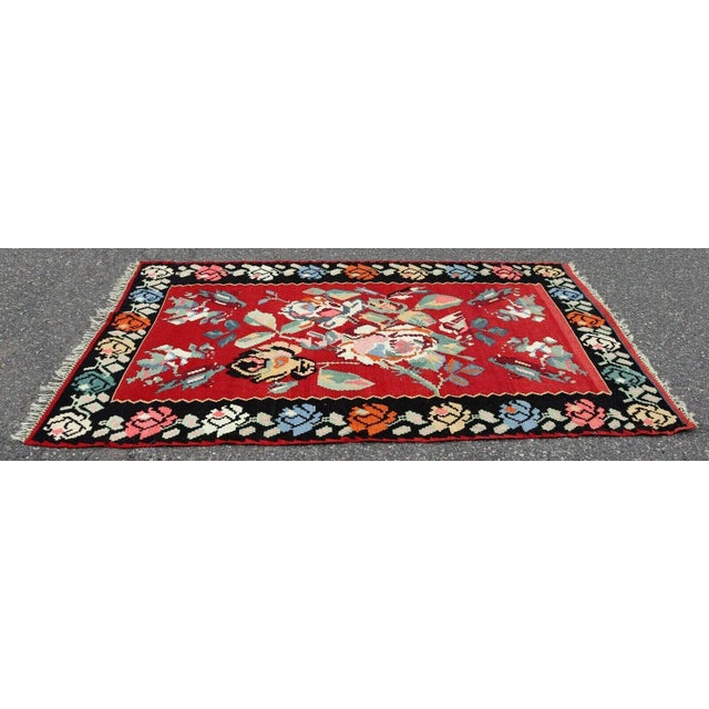 Modern Mid Century Modern Kilim Wool Area Rug Red Hand Made in Turkey Floral Pattern For Sale - Image 3 of 9