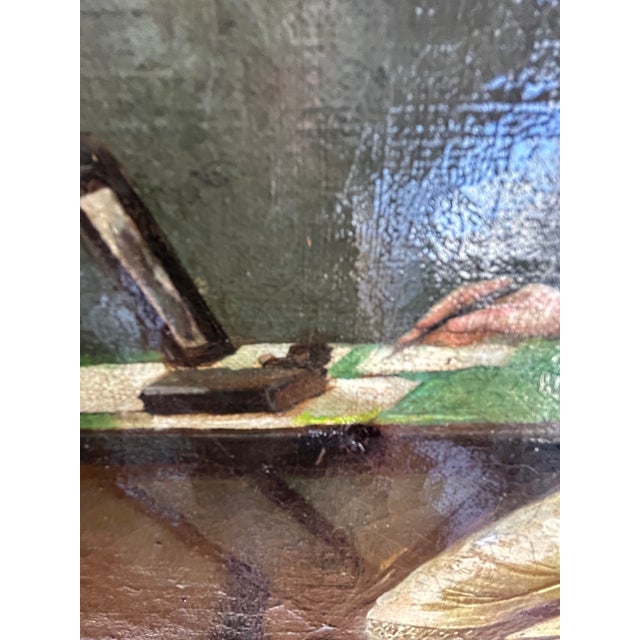 This atmospheric oil painting captures a refined young woman in a luminous pale yellow silk gown, seated pensively at a...