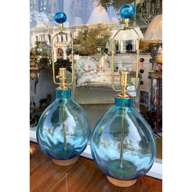 Glass Pair of Arteriors Cerulean Blue Glass Tables Lamps For Sale - Image 7 of 9