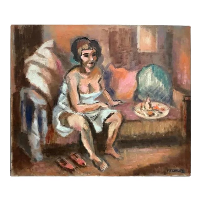 Mid Century Modern Oil Painting on Canvas of Woman Seated, Fredrick Childs, Circa 1960 For Sale