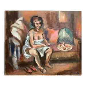 Mid Century Modern Oil Painting on Canvas of Woman Seated, Fredrick Childs, Circa 1960