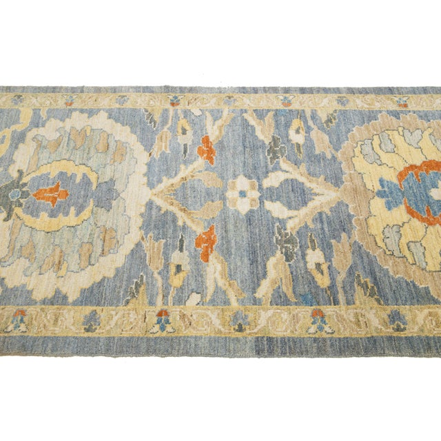 Apadana's Modern Sultanabad Long Wool Runner Handmade in Blue With Floral Motif For Sale - Image 9 of 10