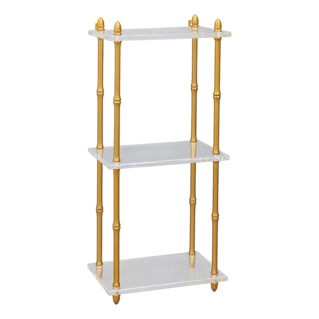 Carmel 3-Tier Bamboo Brass/Lucite Shelf, 14" Wide For Sale