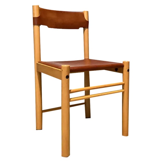 Vintage Italian Leather and Beech Stick Chair attributed to Ibisco, 1970s For Sale