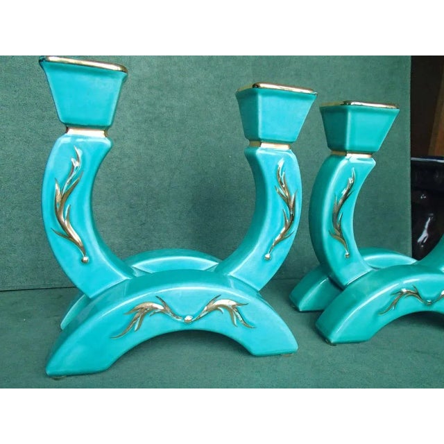 Turquoise Ceramic Candleholders with Gold Vines, 1930s, Set of 2, in Very Good conditions. Designed 1920 to 1949