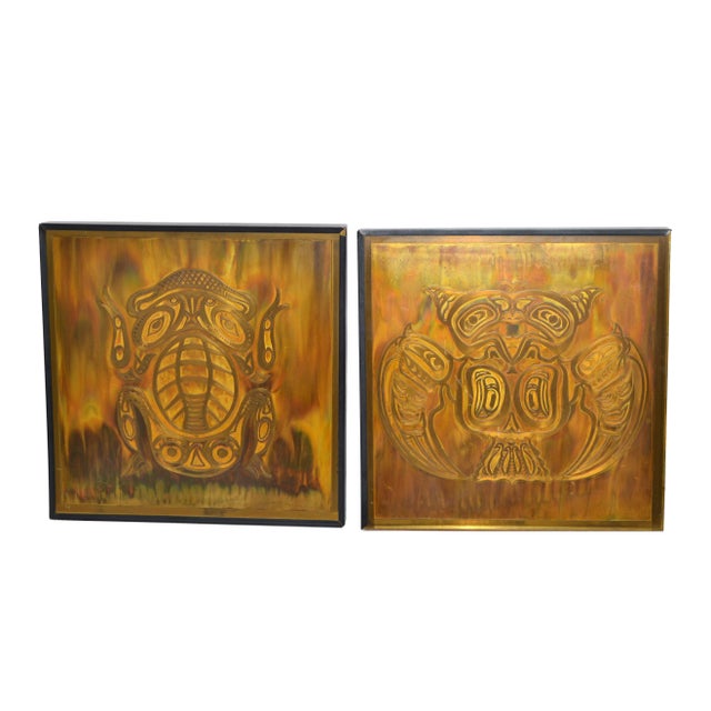 Mid-Century Modern Bernhard Rohne Vintage Acid Etched Brass Owl & Frog Panel Framed Art - Two For Sale - Image 3 of 13