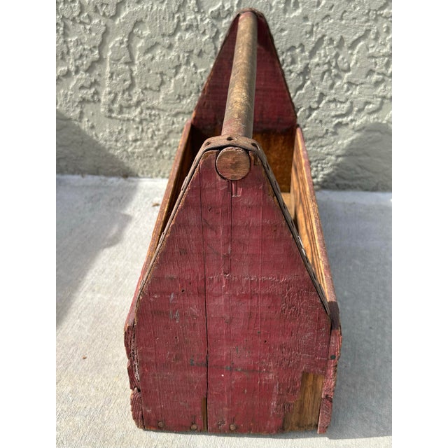 Antique Early 20th Century Red Rustic Farmhouse Wooden Tool Caddy For Sale - Image 4 of 11