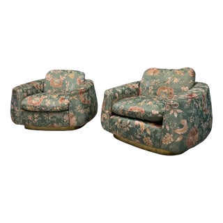 Art Deco Chairs in Floral Silk Fabric with Brass Base, 1940, Set of 2 For Sale