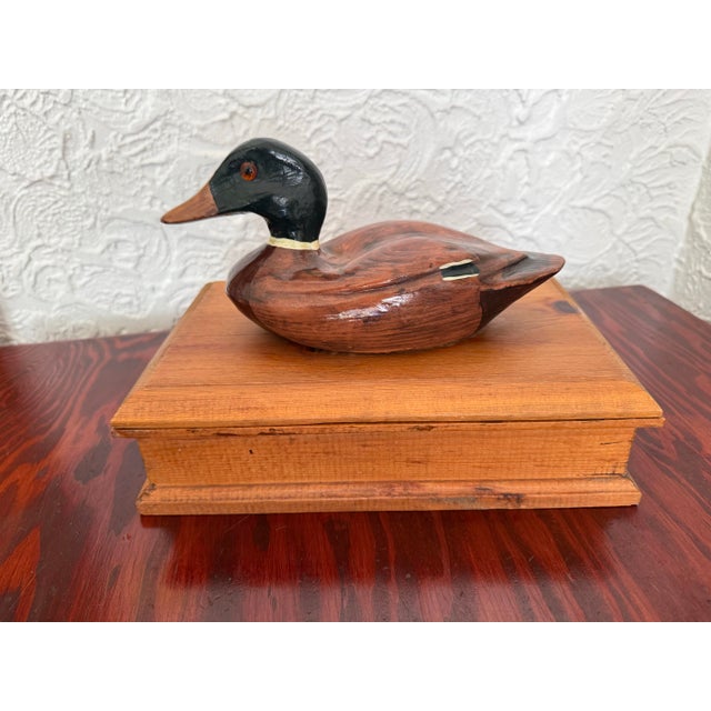 Vintage Folk Art Pine Wood Lidded Box With Mallard Duck Decoy For Sale - Image 12 of 12