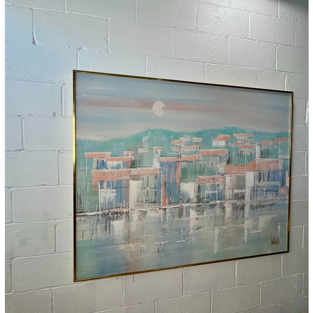 A large and atmospheric harbor landscape painting by Lee Reynolds for Vanguard Studios, executed in a serene palette of...