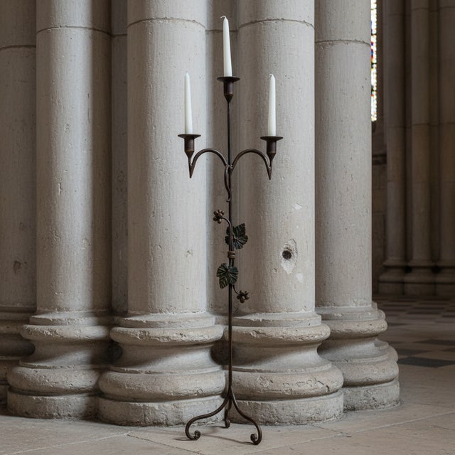 Hand Forged Iron Floor Candelabra 48.5″ (123cm) Antique Copper Patina 3-Arm Balanced Scroll Candle Holder Rustic Decor For Sale - Image 4 of 8
