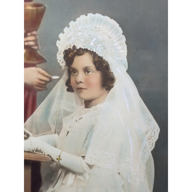 Traditional 1938 First Communion Devotional Portrait in Ornate Silvered Polychrome Floral Frame For Sale - Image 3 of 13