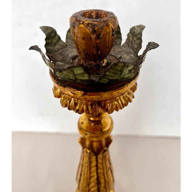 Gold Antique Early 1900s Gilded Wood Ornate Candle Holders - A Pair For Sale - Image 8 of 15