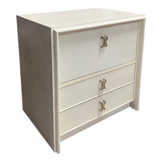 Vintage Nightstand by Paul Frankl in Pickled Ivory Lacquer With Brass X Pulls For Sale