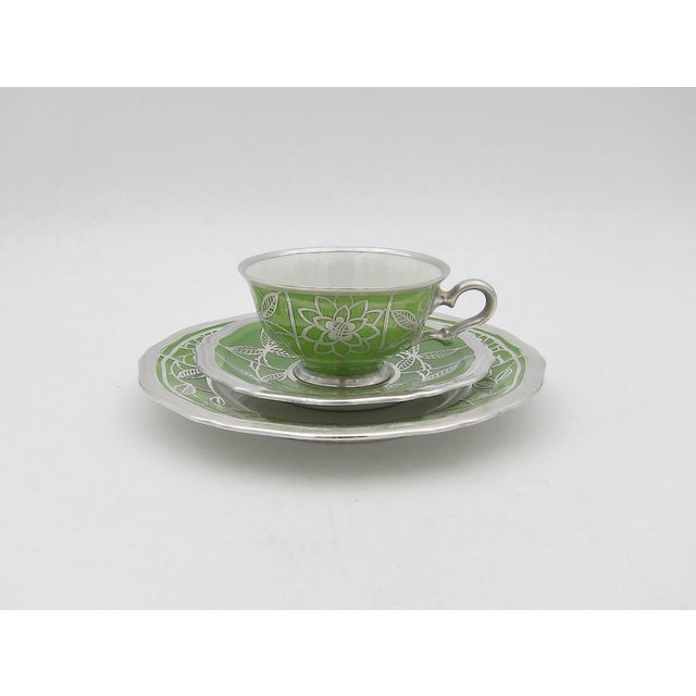 Rosenthal Manfred Veyhl Silver Overlay Green Porcelain Cup and Saucer Trio For Sale - Image 4 of 10