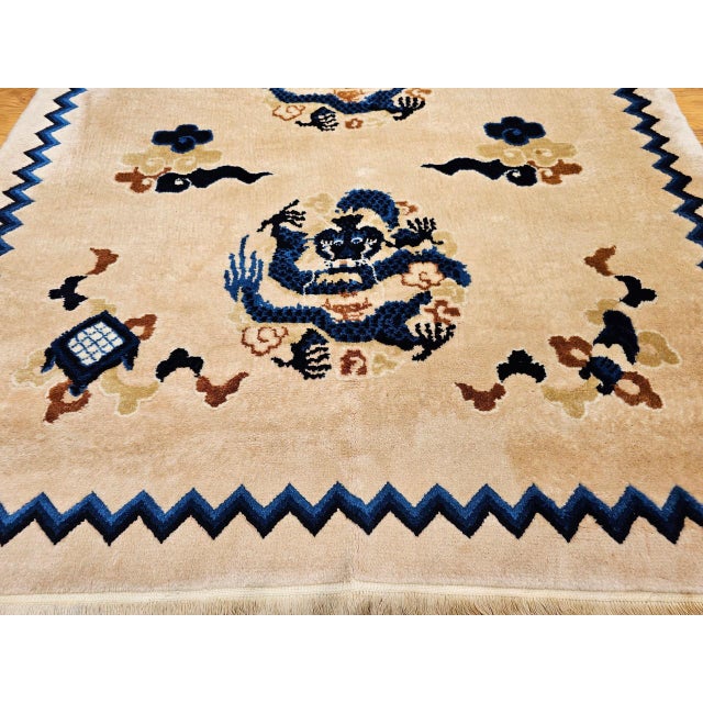 Tan Vintage Chinese Art Deco Area Rug with Dragons, 1920s Allover Design, 4' x 6' For Sale - Image 8 of 13
