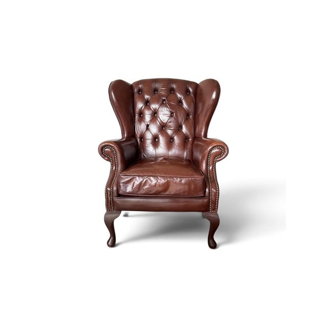 Chesterfield Wingback Chair in Brown Leather For Sale - Image 4 of 6