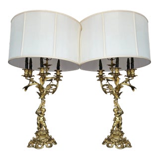 Pair of French Gilt Bronze Figural Candelabra Table Lamp With Cherub For Sale