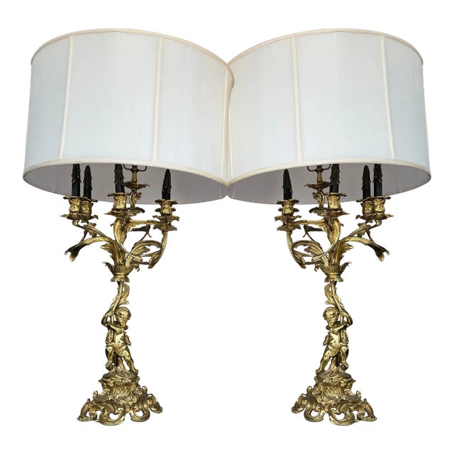 Pair of French Gilt Bronze Figural Candelabra Table Lamp With Cherub For Sale