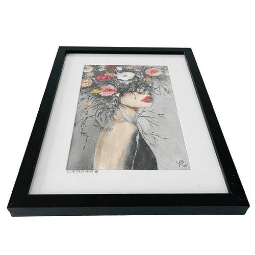 Acrylic Painting Fleur De La Nuit Woman with Flowers in Wood Veneer Frame For Sale - Image 5 of 8