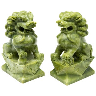 Chinese Carved Jade Stone Guardian Lion Figurines - a Pair For Sale