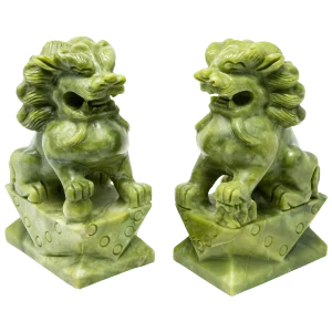 Chinese Carved Jade Stone Guardian Lion Figurines - a Pair